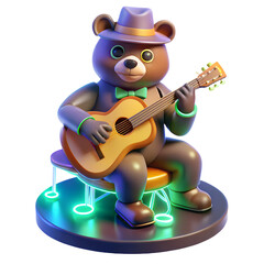 3D Render of a Stylish Bear Playing Acoustic