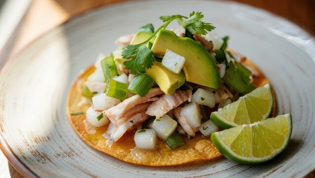 Delicious Fresh Fish Ceviche Tostada Topped with Creamy Avocado Cilantro and Lime