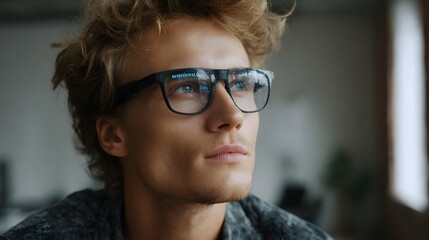 Young man wearing smart glasses with a glowing digital heads up display looking thoughtfully upward in a modern bright workspace