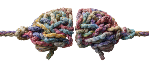 Two colorful yarn knots, resembling brains, connected by a rope