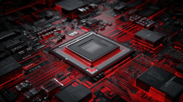Close-up shot of a motherboard with a central processor unit and red highlights