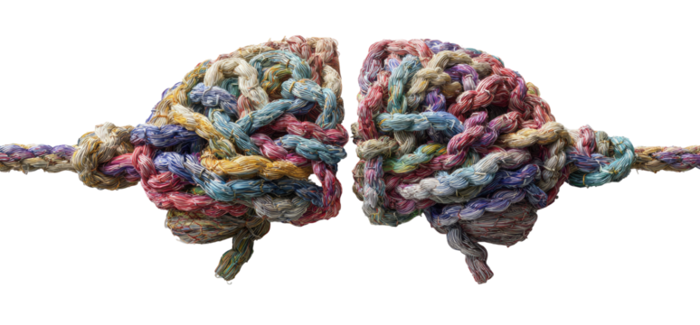 Two colorful yarn knots, resembling brains, connected by a rope