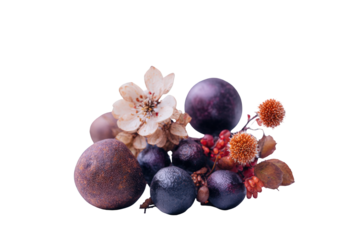 Still life arrangement of various fruits and flowers
