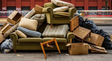 Discarded furniture on sidewalk creating urban waste, unwanted items piled