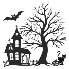 Halloween Silhouette Of Haunted House And Black Cat