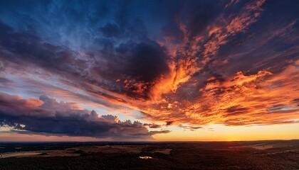 Obraz premium dramatic cloudscape at sunset where the sky ignites with orange and red hues as the sun dips below the horizon