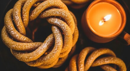 Close up of traditional Indian sweet snack chakli sprinkled with sugar near a burning candle