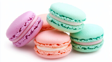 Delightful pastel macarons in various colors, including purple, pink, and green, arranged beautifully. These sweet treats evoke joy and indulgence