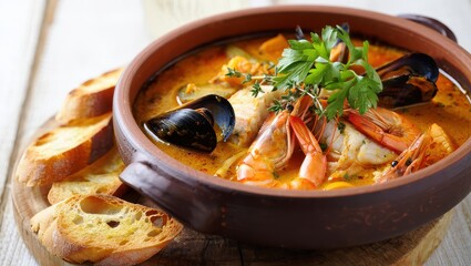 Delicious Seafood Stew with Shrimp Mussels and Fish Served with Crusty Bread on Wooden Table