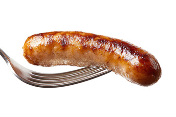 A single, cooked sausage, browned and slightly crispy, rests on a fork