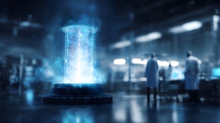 A futuristic quantum computer with a glowing blue core stands prominently in an advanced laboratory observed by blurred scientists