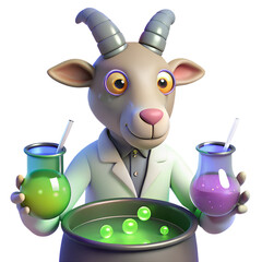 3D Render of a Cute Goat Scientist Mixing Potions