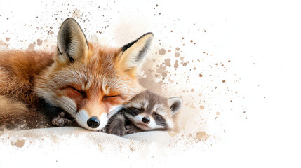 Fototapeta premium Fox and raccoon sleeping peacefully together, showcasing heartwarming bond in watercolor style. soft colors and gentle expressions evoke warmth