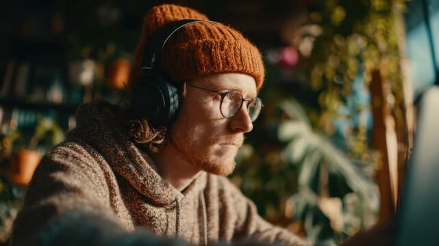 Young man wearing headphones and a knitted hat engages in focused work on a laptop in a cozy indoor environment with plants and warm lighting