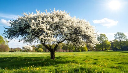 A blossoming tree stands centered in a sunlit green meadow, blue sky above