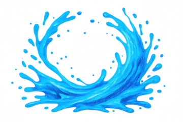 Vivid blue water forming a dynamic circular splash with droplets on a transparent background, perfect for adding a refreshing touch to designs