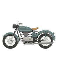 Obraz premium Vintage Motorcycle Illustration of Classic Two Wheeled Vehicle, An Artistic Depiction of a Teal Antique Motorbike with Brown Seat