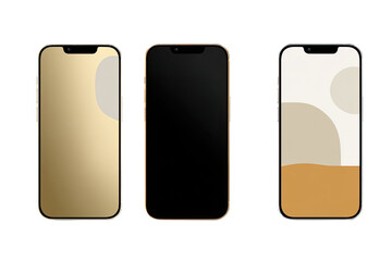 Three smartphones, each with a different color background, displayed in a row
