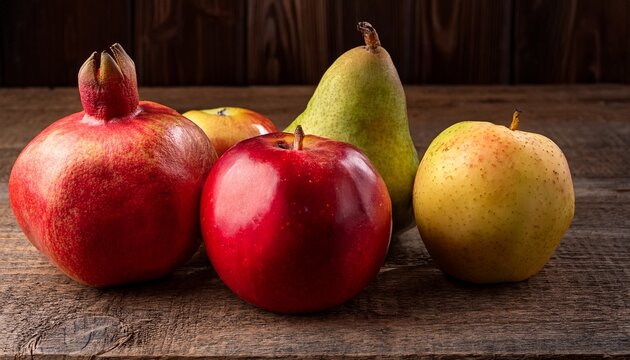 seasonal fruits display featuring red apple green apple pomegranate and yellow pear on rustic wooden surface - Powered by Adobe