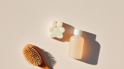 Gentle pet grooming essentials arranged aesthetically with soft shadows and pastel tones