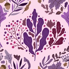 Autum Winter Pattern Background Illustration For Cover, Banner, Notes. Fall Winter Aesthetic Background.  Plant And Flower Pattern Background.