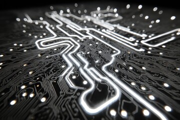 Illuminated Circuit Board Design with Intricate Patterns and Details
