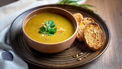 warm bread served with smooth plant based soup creates comforting meal perfect for any occasion