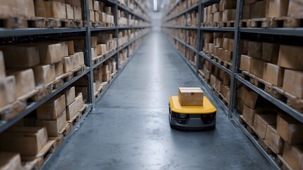 An autonomous mobile robot efficiently transports a package down a neatly organized aisle in a modern industrial warehouse filled with stacked boxes