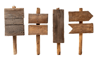 Four weathered wooden signs, various shapes and styles