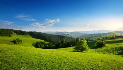 green landscape featuring lush trees rolling hills and a clear blue sky environment trees