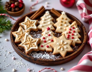 Fototapeta premium A tray of decorated cookies arranged to resemble Christmas trees, adorned with white icing