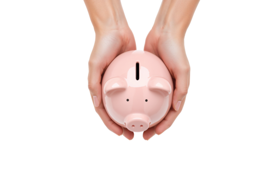 Hands holding pink piggy bank isolated, top view, symbol of savings, finance, money management and financial security, perfect for banking, investment or budget planning concept