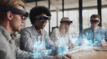 Diverse team using augmented reality headsets to analyze glowing virtual data visualizations in a modern office meeting setting