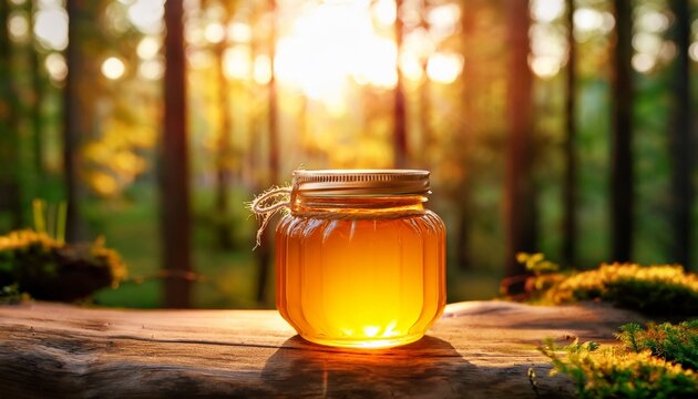 warm glowing honey jar in a sunlit forest