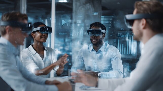 Professionals in a modern office collaborating in a mixed reality meeting wearing headsets and interacting with virtual data interfaces