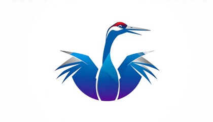 Abstract crane design, stylized blue, purple, red bird with spread wings