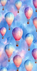Naklejka premium Watercolor hot air balloons float in a pastel sky
