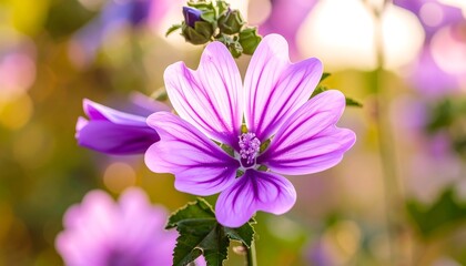 Obraz premium Macro shot of a vibrant purple flower with delicate petals, illuminated by sunlight