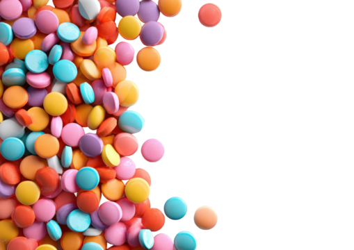 Colorful pills cascade on black background
