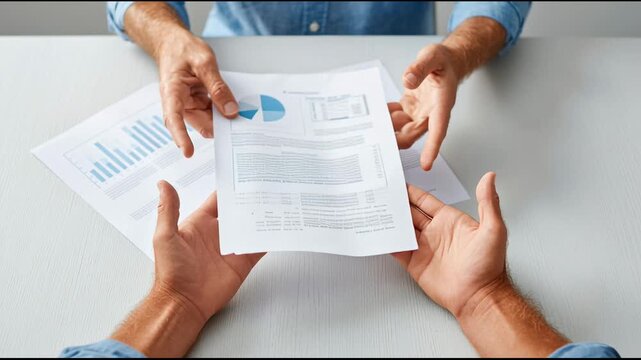 Business professionals reviewing investment details, exchanging property documents with financial charts, analyzing potential real estate transaction in collaborative meeting