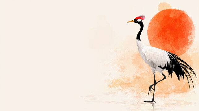 Graceful crane stands elegantly against soft background, with vibrant sun casting warm glow. artwork captures tranquility and beauty - Powered by Adobe