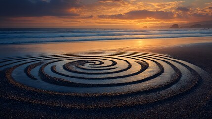 Intricate spiral sand pattern on beach at sunset for Fibonacci day concept