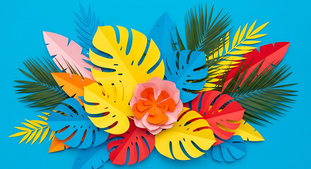Vibrant paper tropical leaves and flower arrangement on a bright blue background creating a cheerful summer vibe for creative designs and backdrops