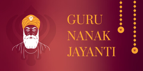 Happy Guru Nanak Jayanti banner. Celebrating Birthday of Guru Nanak. Vector Illustration with Khanda Symbol and Festive Decorations. 