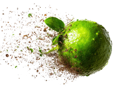 A lime exploding into a cloud of particles