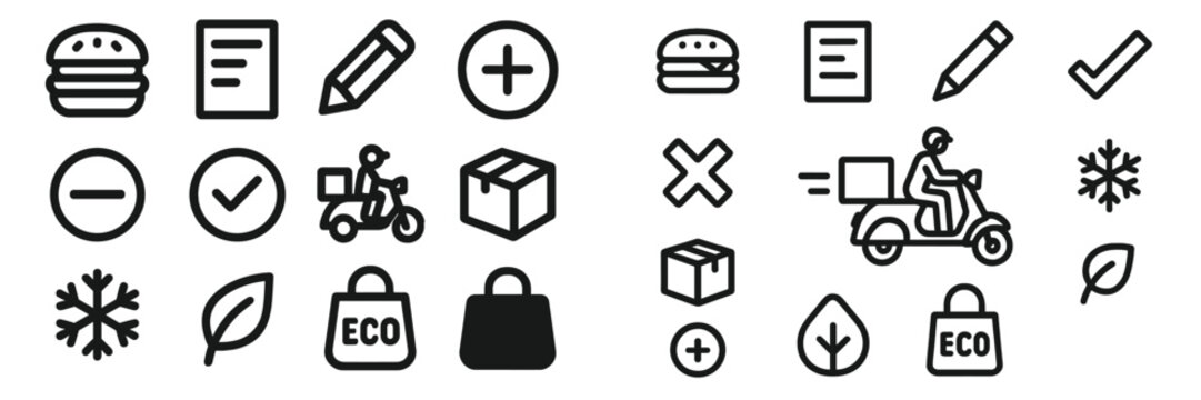 Delivering eco-friendly meals in a bustling city during lunchtime with various symbols indicating food delivery services