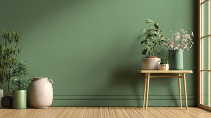 Green wall and plants, rustic decor. Wooden floor. Soft light from the side window