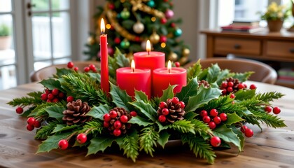 A festive Christmas table setting. A wooden dining table serves as the centerpiece, adorned with an array of seasonal decorations