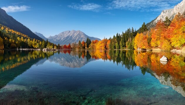 crystal clear water in serene lake reflects majestic mountains and vibrant autumn trees creating tranquil landscape