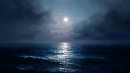 A captivating moonlit ocean scene at night featuring gentle waves under a cloudy sky with the full moon s radiant reflection shimmering across the